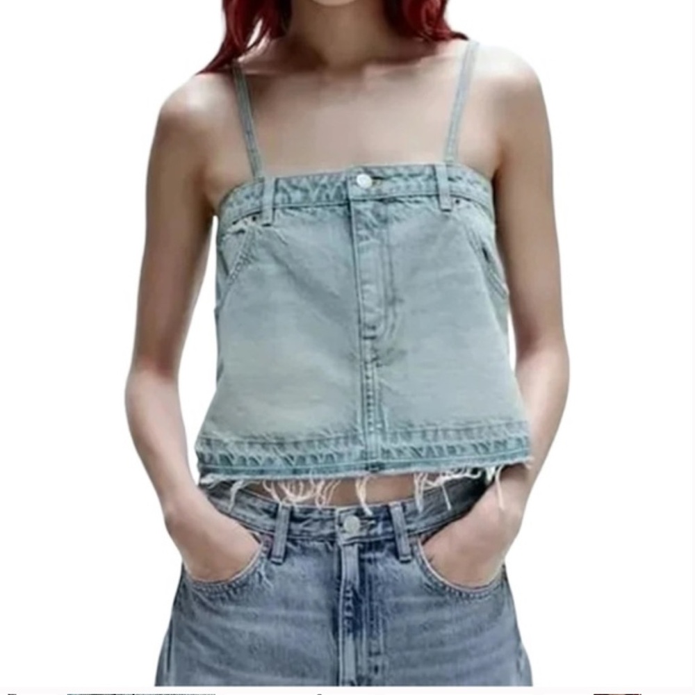 NWOT - ZARA Jean Cropped Pants Spaghetti Strap Blue Wash Crop Top - Picture 3 of 4